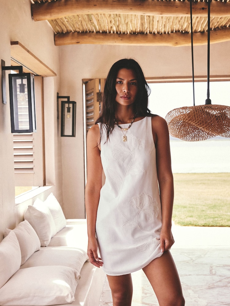 White Linen Blend Sequin Stem Floral Embroidered Mini Shift Dress - Image 1 of 4