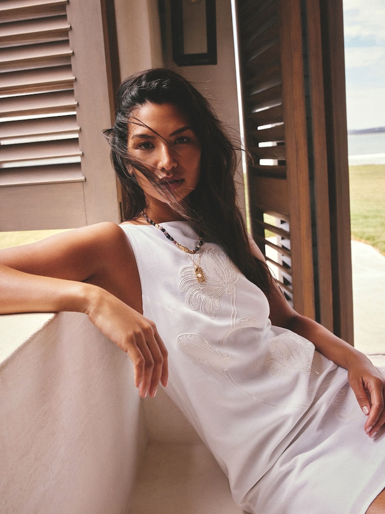 White Linen Blend Sequin Stem Floral Embroidered Mini Shift Dress - Image 2 of 4