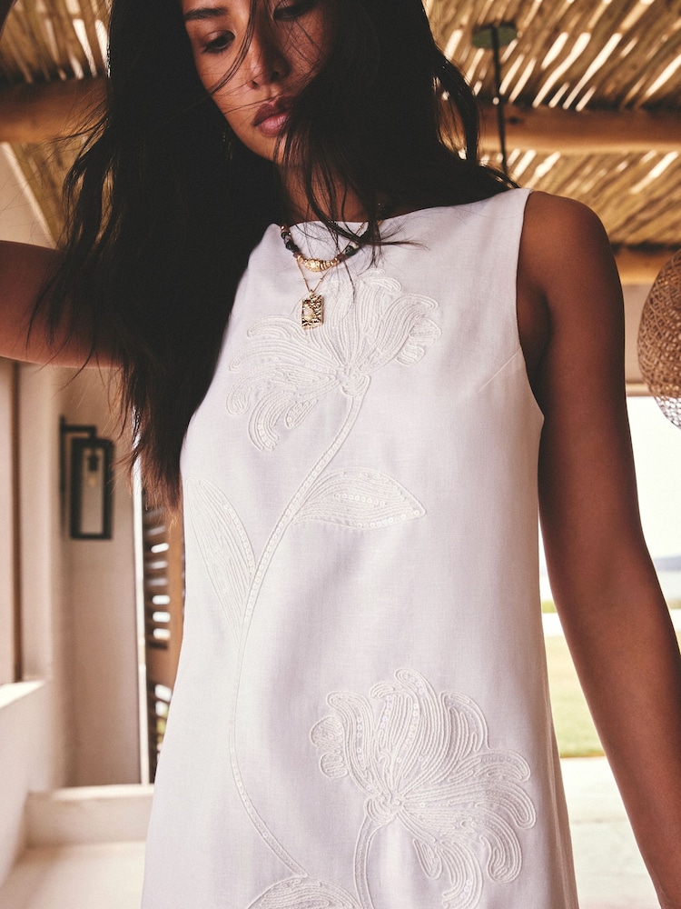 White Linen Blend Sequin Stem Floral Embroidered Mini Shift Dress - Image 4 of 4