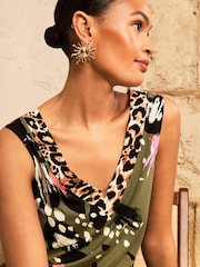 Love & Roses Khaki Green Animal Print V Neck Chiffon Trim Jersey Vest - Image 2 of 4