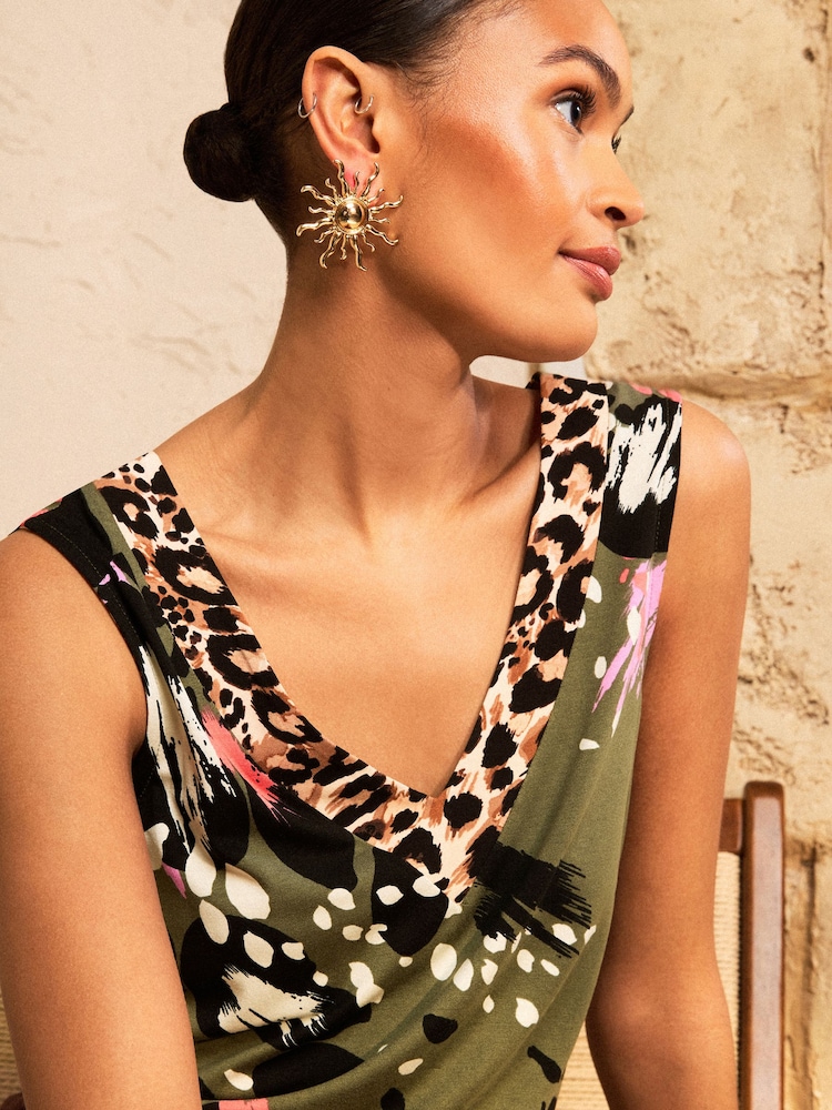 Love & Roses Khaki Green Animal Print V Neck Chiffon Trim Jersey Vest - Image 2 of 4