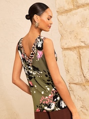 Love & Roses Khaki Green Animal Print V Neck Chiffon Trim Jersey Vest - Image 4 of 4