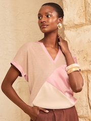 Love & Roses Pink and Gold Notch Neck Satin Colourblock T-Shirt - Image 1 of 4