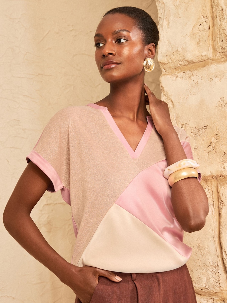 Love & Roses Pink and Gold Notch Neck Satin Colourblock T-Shirt - Image 1 of 4