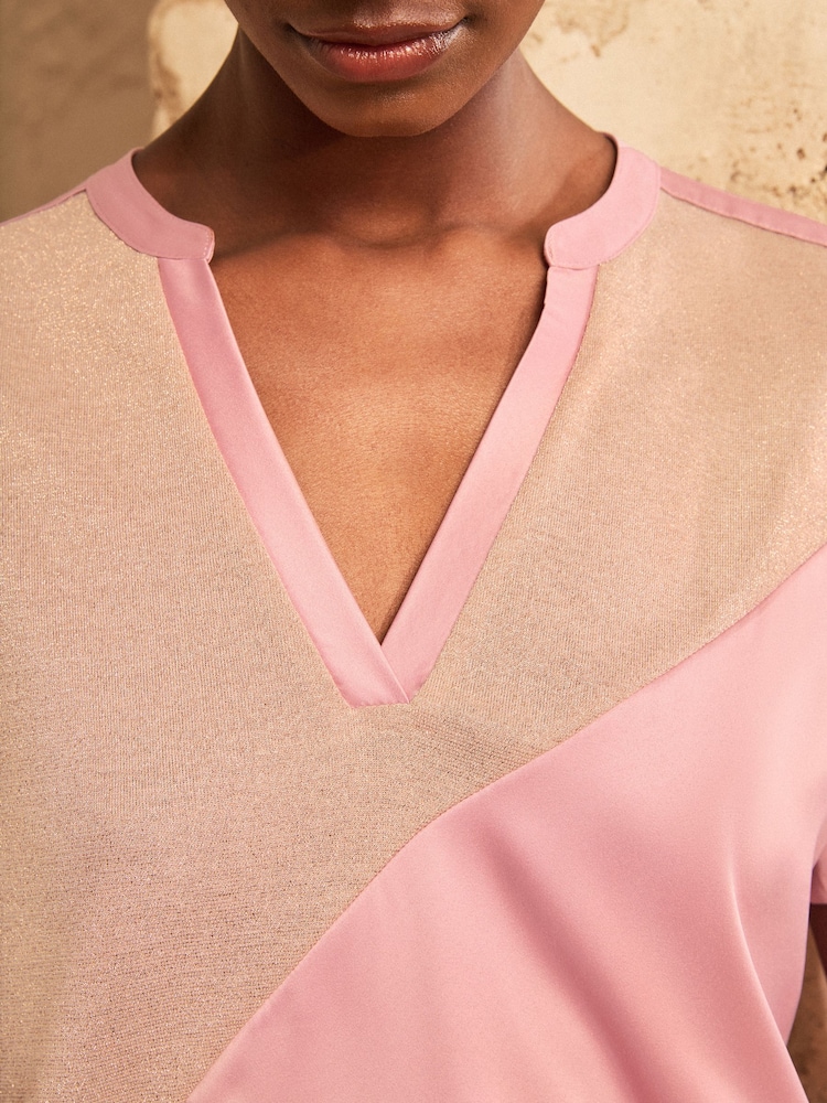 Love & Roses Pink and Gold Notch Neck Satin Colourblock T-Shirt - Image 2 of 4