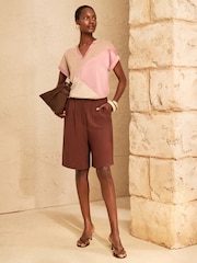 Love & Roses Pink and Gold Notch Neck Satin Colourblock T-Shirt - Image 3 of 4