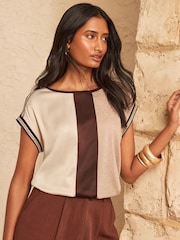 Love & Roses Chocolate Brown Colourblock Satin Front T-Shirt - Image 1 of 4