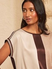 Love & Roses Chocolate Brown Colourblock Satin Front T-Shirt - Image 2 of 4