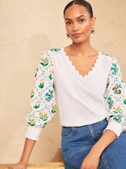 Love & Roses Ivory Embroided Scallop V-Neck 3/4 Sleeve Top - Image 1 of 4