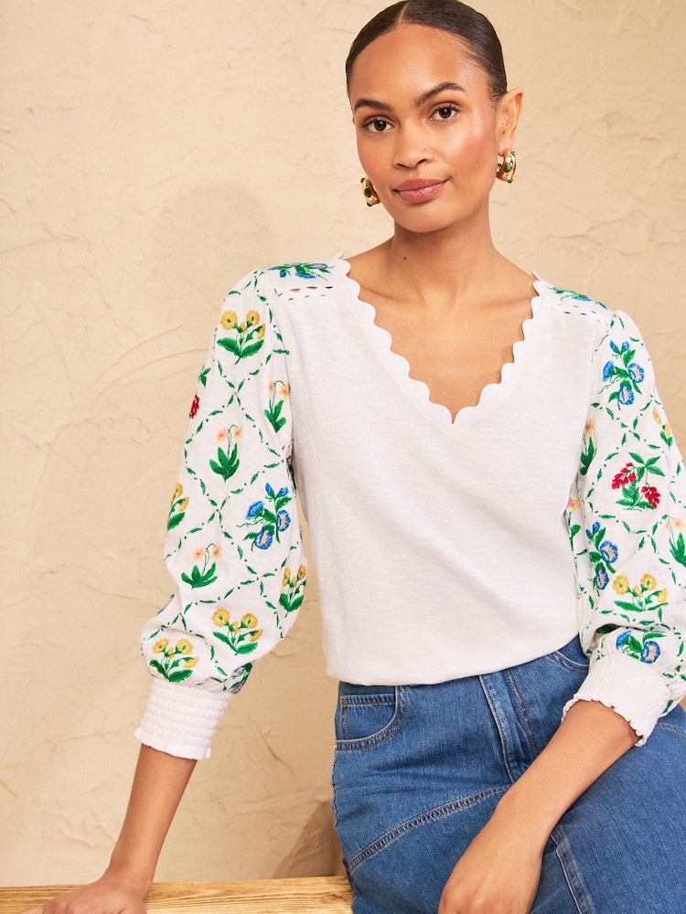 Love & Roses Ivory Embroided Scallop V-Neck 3/4 Sleeve Top - Image 1 of 4