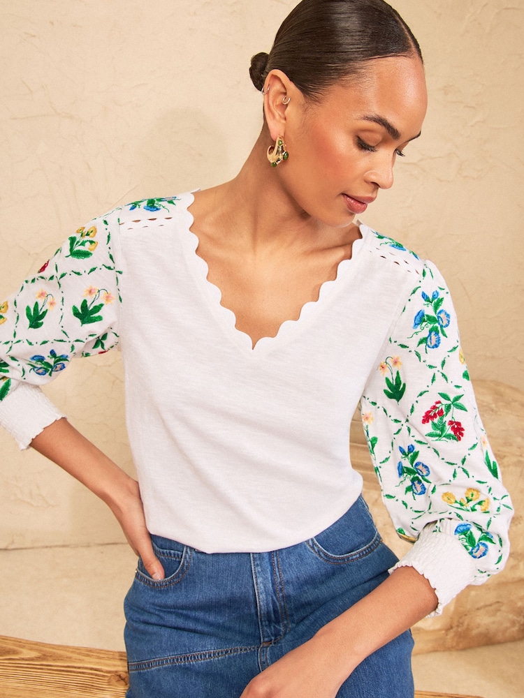 Love & Roses Ivory Embroided Scallop V-Neck 3/4 Sleeve Top - Image 4 of 4