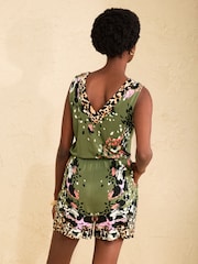 Love & Roses Khaki Green Animal Print Petite V-Neck Playsuit - Image 4 of 4