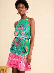 Love & Roses Bright Green Floral Print Petite Halterneck Mini Dress - Image 3 of 4