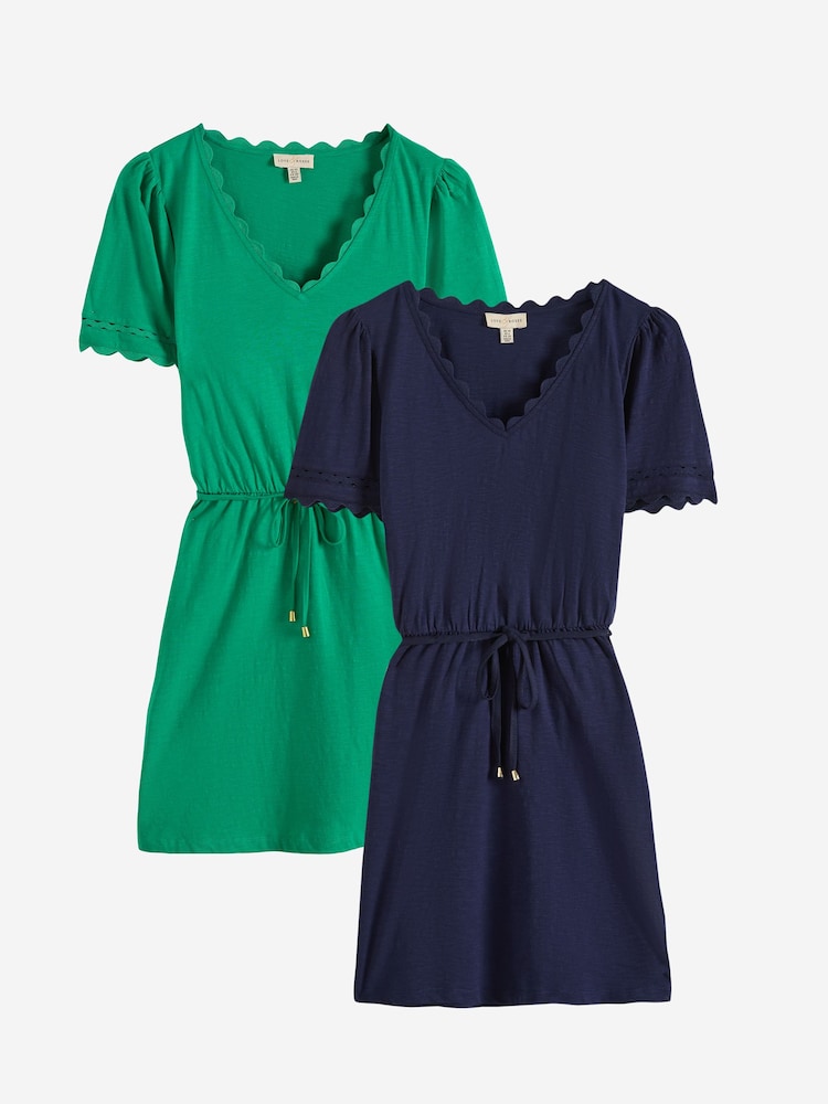 Love & Roses X2 Bright Green and Navy V-Neck Scallop Jersey Mini Dress - Image 1 of 7