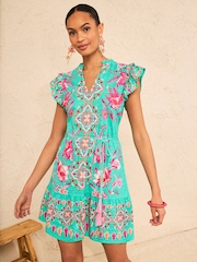 Love & Roses Aqua Blue Floral Print Frill Flutter Sleeve Nocth Neck Mini Dress - Image 1 of 4