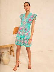 Love & Roses Aqua Blue Floral Print Frill Flutter Sleeve Nocth Neck Mini Dress - Image 2 of 4