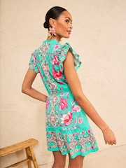 Love & Roses Aqua Blue Floral Print Frill Flutter Sleeve Nocth Neck Mini Dress - Image 4 of 4