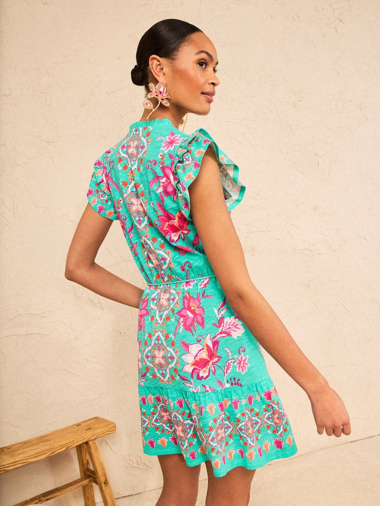 Love & Roses Aqua Blue Floral Print Frill Flutter Sleeve Nocth Neck Mini Dress - Image 4 of 4 Love & Roses Aqua Blue Floral Print Frill Flutter Sleeve Nocth Neck Mini Dress - Image 4 of 4