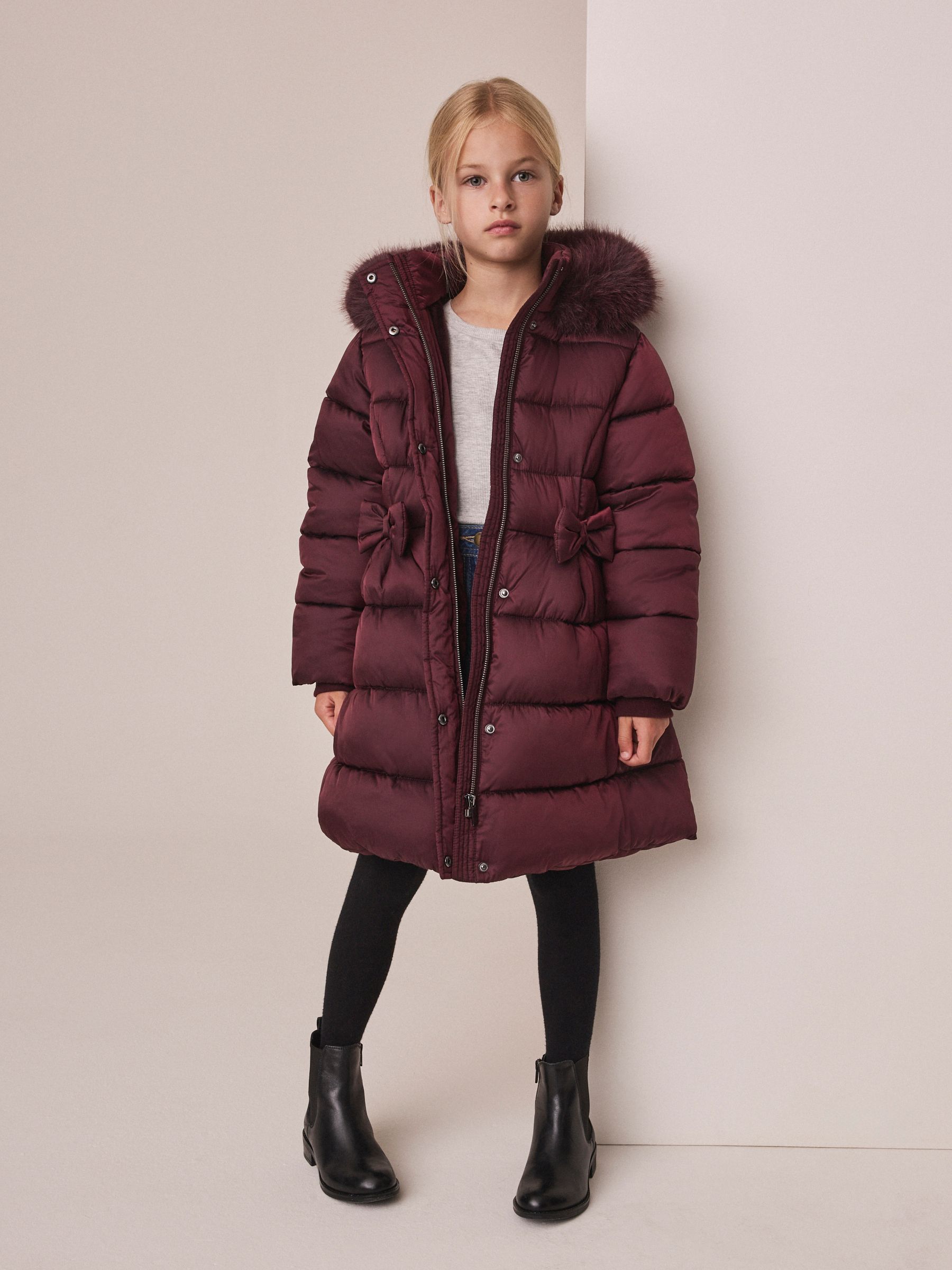 Berry Red Bow Detail Shower Resistant Padded Coat (3-16yrs) view 1