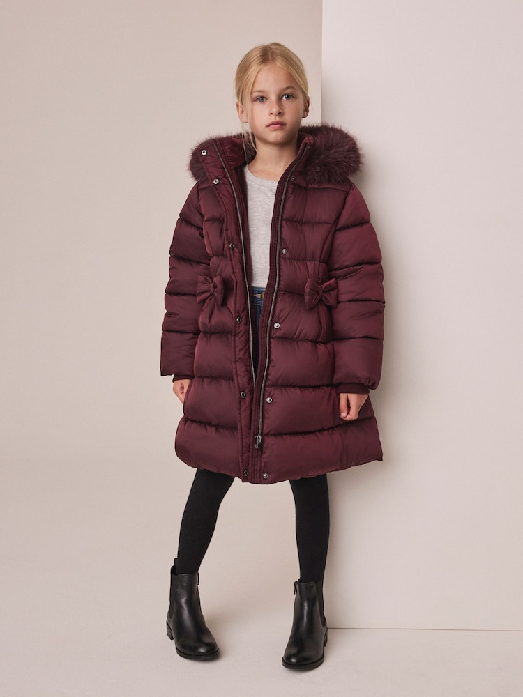 Berry Red Bow Detail Shower Resistant Padded Coat (3-16yrs) - Image 1 of 7 Berry Red Bow Detail Shower Resistant Padded Coat (3-16yrs) - Image 1 of 7