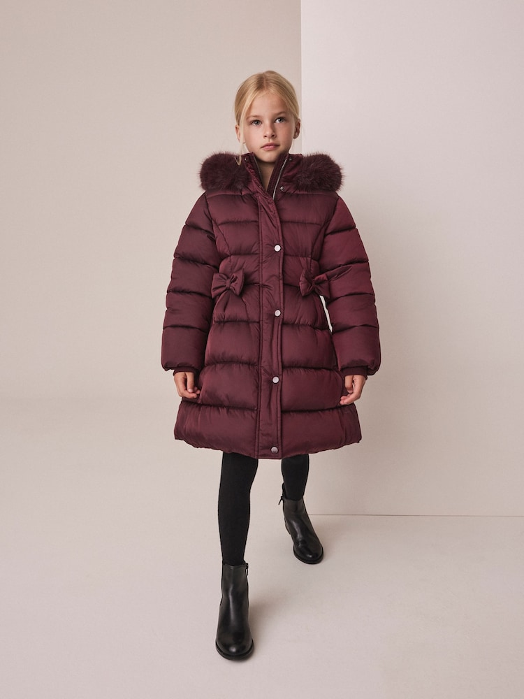 Berry Red Bow Detail Shower Resistant Padded Coat (3-16yrs) - Image 2 of 7 Berry Red Bow Detail Shower Resistant Padded Coat (3-16yrs) - Image 2 of 7