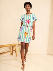 Love & Roses Aqua Blue Multi Palm Tree Stripe Crew Neck T-Shirt Mini Dress - Image 1 of 4