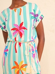 Love & Roses Aqua Blue Multi Palm Tree Stripe Crew Neck T-Shirt Mini Dress - Image 2 of 4