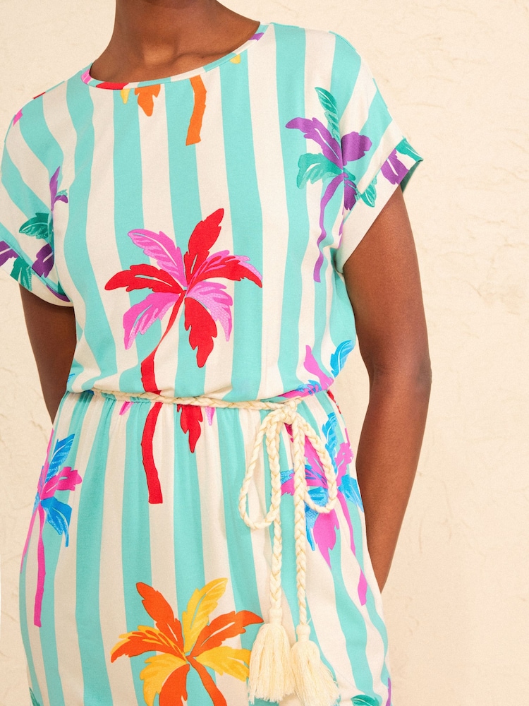 Love & Roses Aqua Blue Multi Palm Tree Stripe Crew Neck T-Shirt Mini Dress - Image 2 of 4