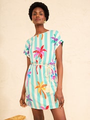 Love & Roses Aqua Blue Multi Palm Tree Stripe Crew Neck T-Shirt Mini Dress - Image 3 of 4