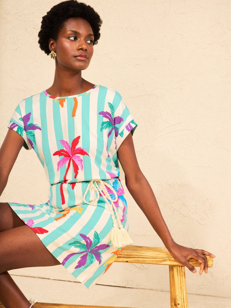 Love & Roses Aqua Blue Multi Palm Tree Stripe Crew Neck T-Shirt Mini Dress - Image 4 of 4