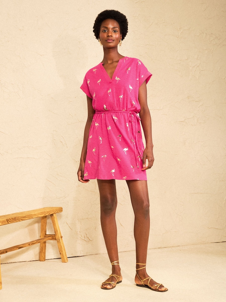 Love & Roses Pink Flamingo Foil Print Notch Neck Mini T-Shirt Dress - Image 1 of 4