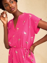 Love & Roses Pink Flamingo Foil Print Notch Neck Mini T-Shirt Dress - Image 2 of 4