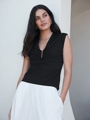 Black Deep V-Neck Cap Sleeve Top - Image 3 of 8