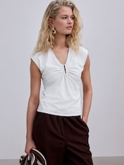 White Deep V-Neck Cap Sleeve Top - Image 1 of 8