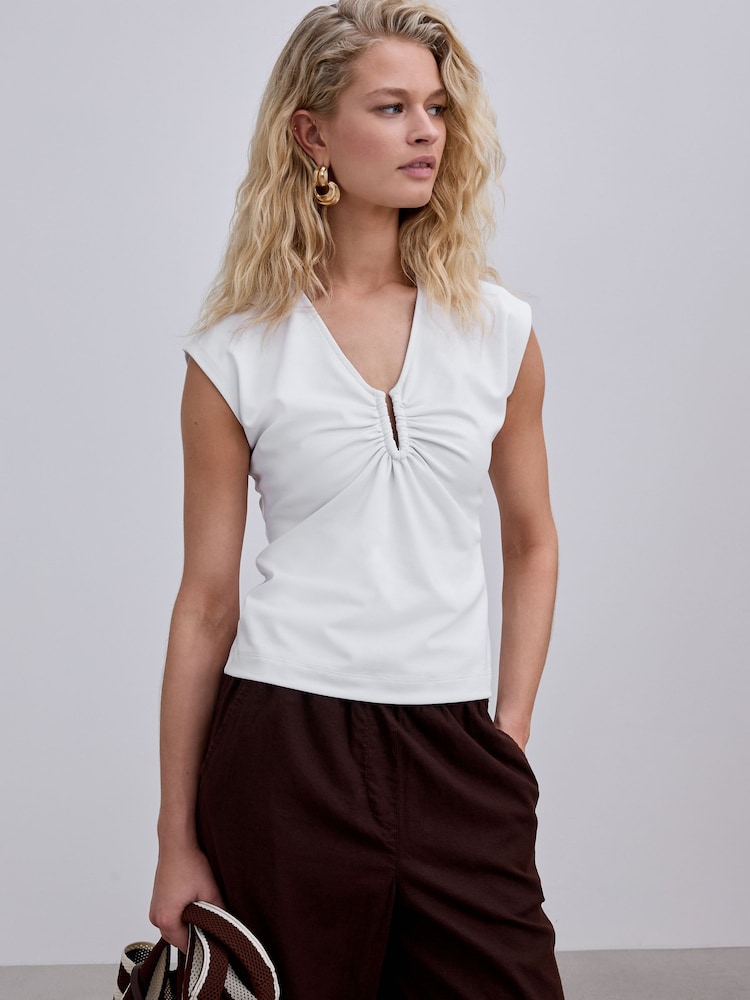 White Deep V-Neck Cap Sleeve Top - Image 1 of 8
