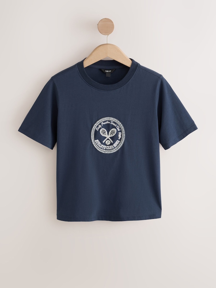 Navy Embellished Tennis Short Sleeve Crew Neck T-Shirt - Image 1 of 3 Navy Embellished Tennis Short Sleeve Crew Neck T-Shirt - Image 1 of 3