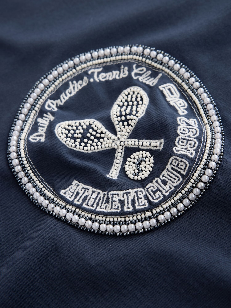 Navy Embellished Tennis Short Sleeve Crew Neck T-Shirt - Image 2 of 3 Navy Embellished Tennis Short Sleeve Crew Neck T-Shirt - Image 2 of 3