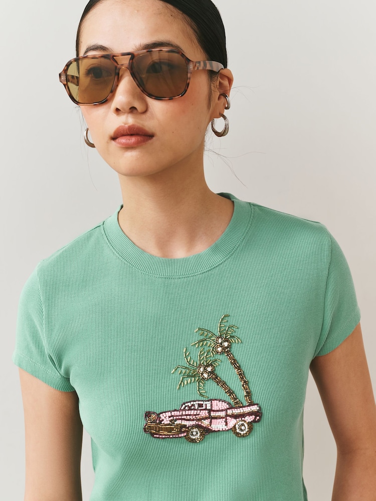 Green Embellished Car Short Sleeve T-Shirt - Image 1 of 6 Green Embellished Car Short Sleeve T-Shirt - Image 1 of 6