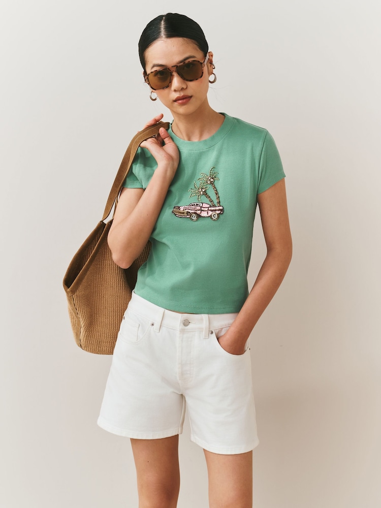 Green Embellished Car Short Sleeve T-Shirt - Image 2 of 6 Green Embellished Car Short Sleeve T-Shirt - Image 2 of 6