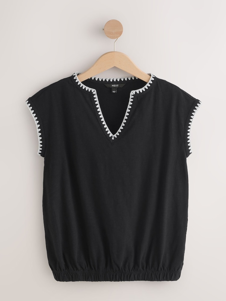 Black Bubblehem Notch Neck Whipstitch Short Sleeve Top - Image 1 of 3