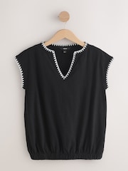 Preto - Bubblehem Notch Neck Whipstitch Short Sleeve Top - Imagem 5 de 7