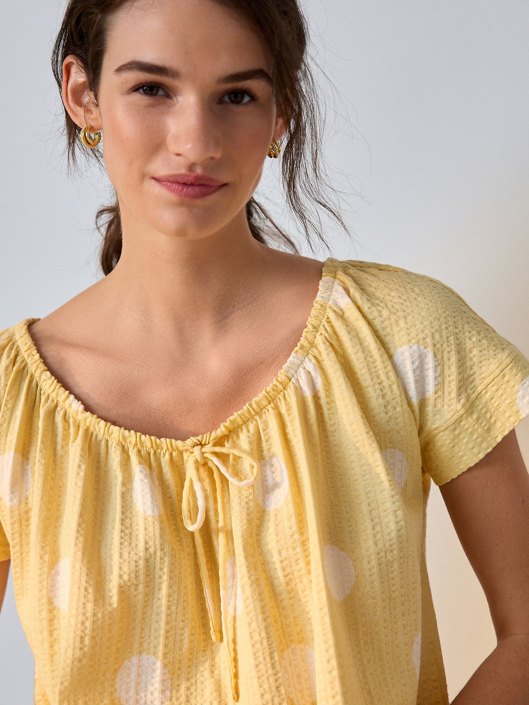 Buy Butter Yellow Polka Dot Short Sleeve Bubblehem Scoop Neck T