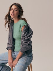 Green Short Sleeve Shirred Textured Crew Neck Top - Image 1 of 7