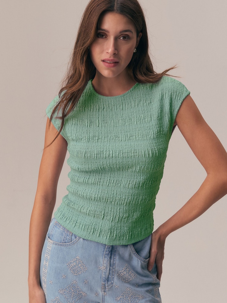 Green Short Sleeve Shirred Textured Crew Neck Top - Image 2 of 7