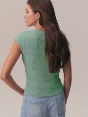 Green Short Sleeve Shirred Textured Crew Neck Top - Image 3 of 7