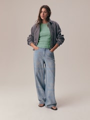 Green Short Sleeve Shirred Textured Crew Neck Top - Image 4 of 7