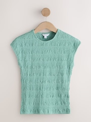 Green Short Sleeve Shirred Textured Crew Neck Top - Image 5 of 7
