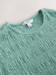Green Short Sleeve Shirred Textured Crew Neck Top - Image 6 of 7