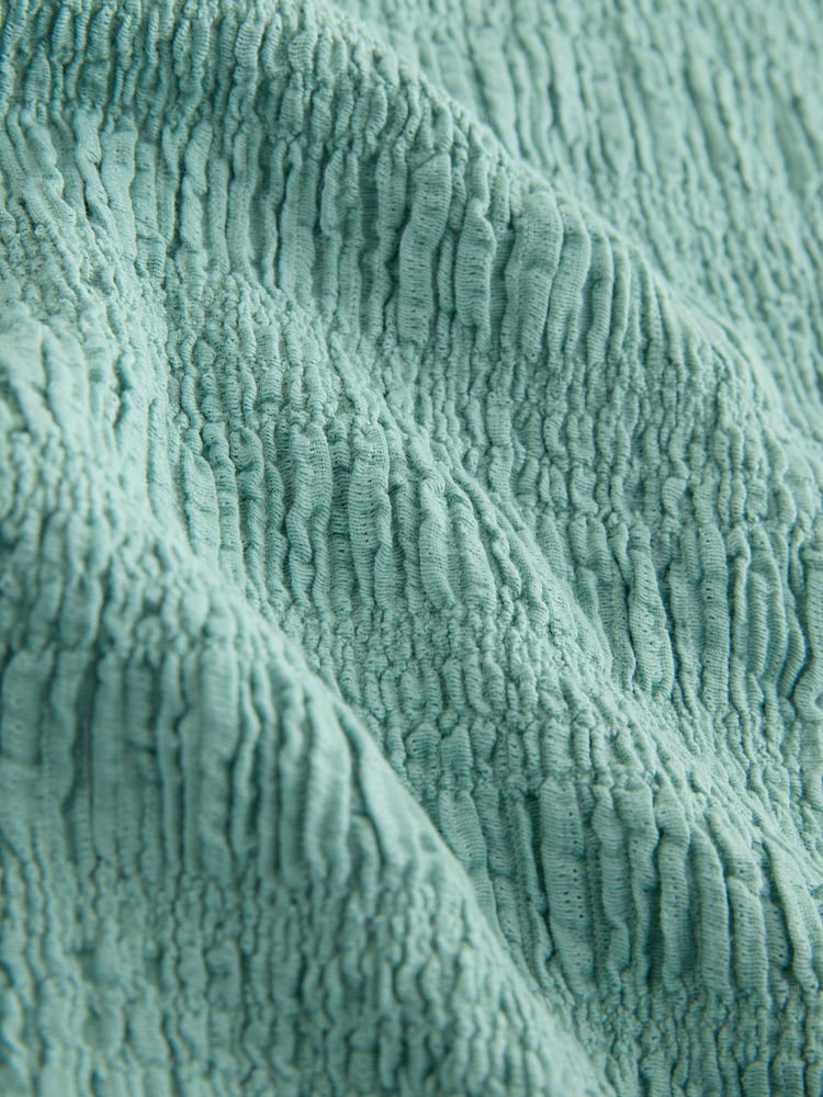 Green Short Sleeve Shirred Textured Crew Neck Top - Image 7 of 7