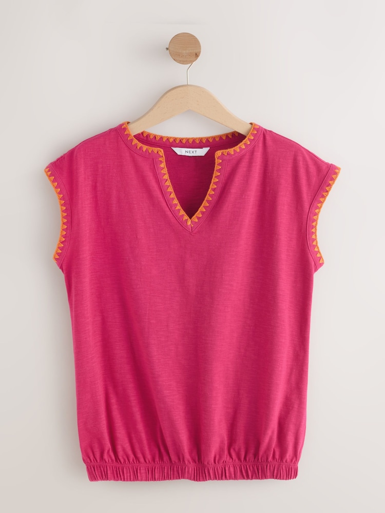 Pink Bubblehem Notch Neck Whipstitch Short Sleeve Top - Image 1 of 3